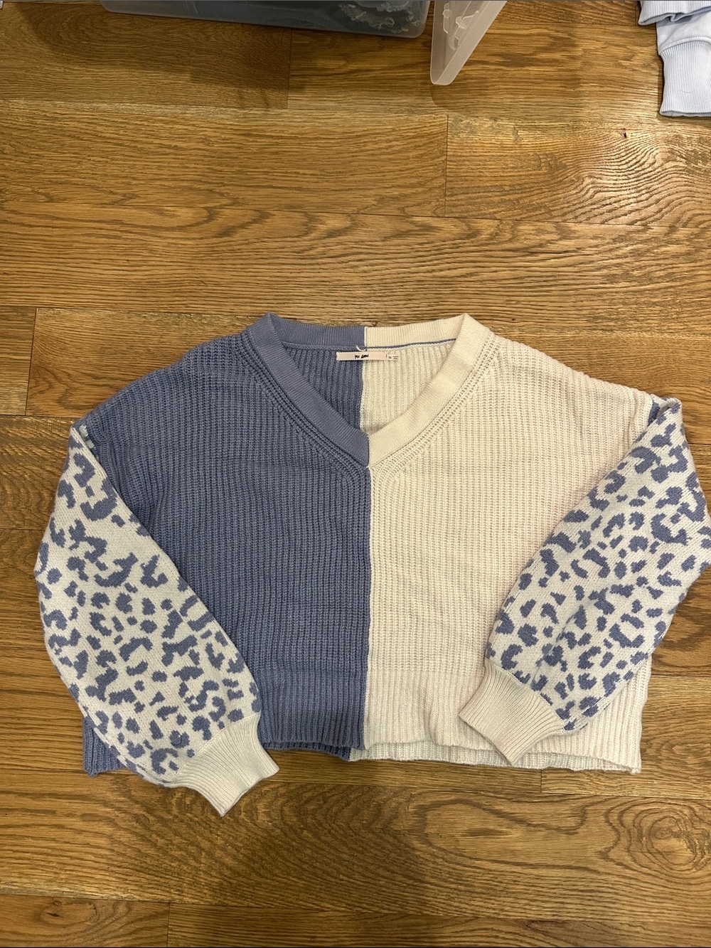 miami Split Periwinkle Blue & Cream V-Neck Sweater with Leopard-Print Sleeves